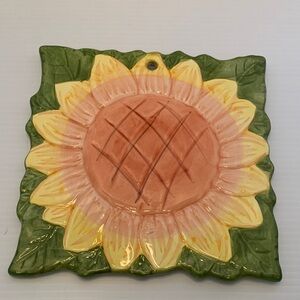 Ceramic Sunflower Wall Plaque/Trivet in Yellow and Green Vintage